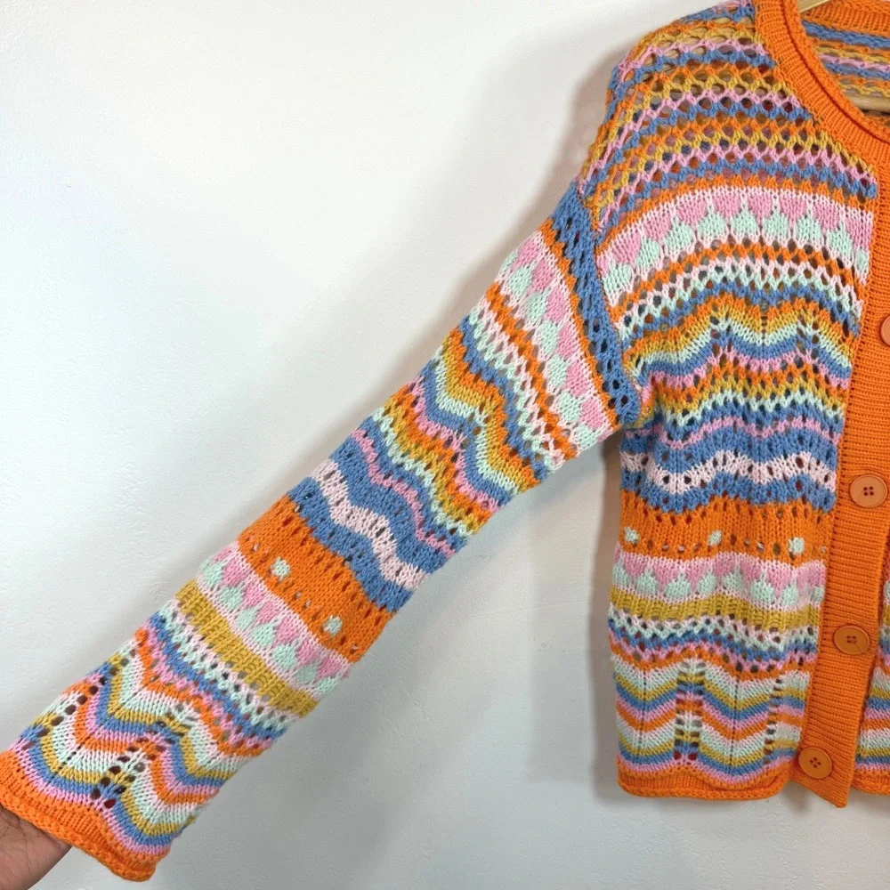 Rainbow Crochet Knit‎ Cardigan Orange Blue Chevron Boho Festival Summer Sz S / M